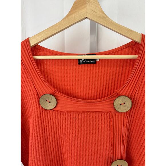 FENINI XL Waffle Knit Pullover Top Square Neck 3/4 Sleeve Buttons Cotton Orange - Picture 4 of 9